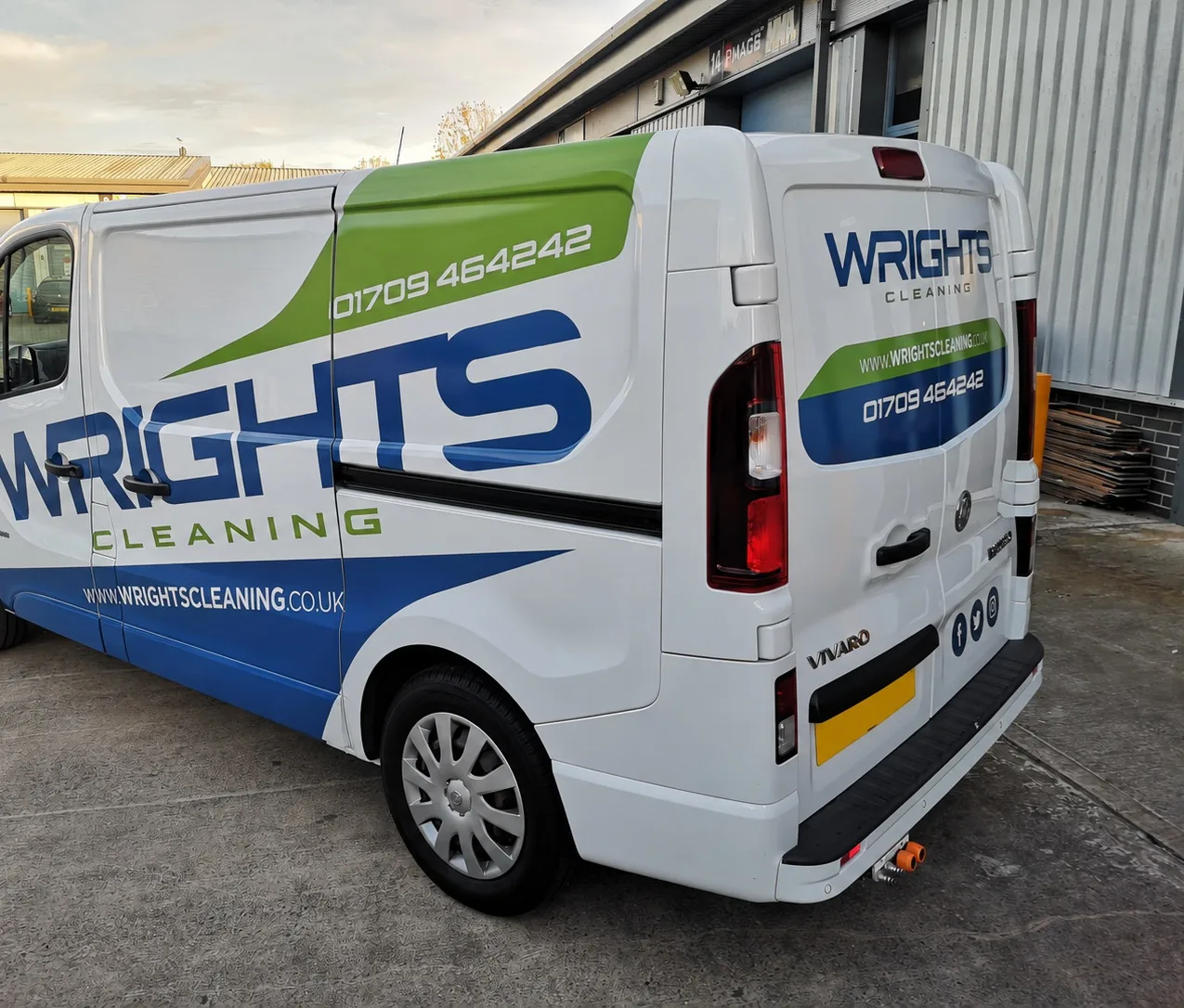 Wrights Cleaning van with its green and blue livery